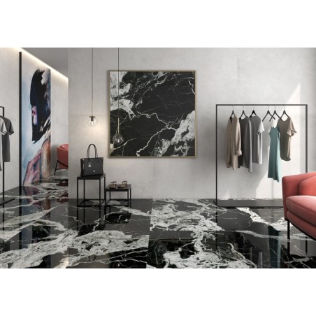 Carrelage imitation marbre noir et blanc brillant rectifié 60x60cm Géoxekali