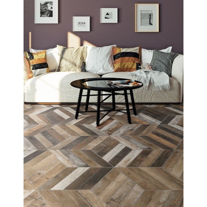 Carrelage imitation parquet moderne chevron beige nuancé 70x40cm realdiamond pallet camel chevron