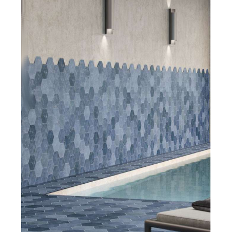 Carrelage hexagone tomette imitation beton bleu dénuancé mat, sol et mur, 23x27cm, duresix saona azul