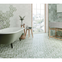 Carrelage hexagone imitation ciment vert d'eau mat, sol et mur, 23x27cm, duresix cementi acqua R10