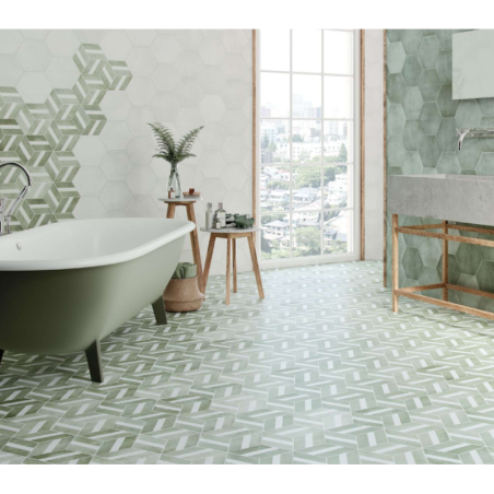 Carrelage hexagone imitation ciment vert d'eau mat, sol et mur, 23x27cm, duresix cementi acqua R10