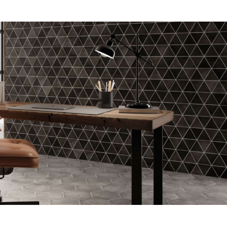 Carrelage hexagonal décor géométrique noir mat, sol et mur, 23x27cm, duresix capri black antidérapant R10