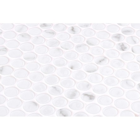 Emaux de verre rond imitation marbre blanc mat et brillant d:19mm sur plaque de 28.5x28.5cm sol et mur onipenny venato white