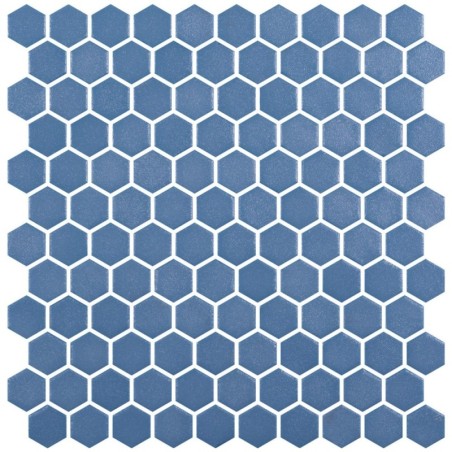 Emaux de verre hexagonal bleu mat d:3.175cm sur plaque de 30.1x29cm sol et mur onxstoneglass royal bleu