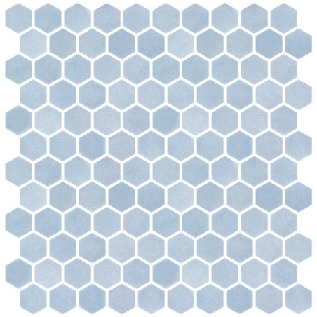Emaux de verre hexagonal bleu clair mat D:3.175cm sur plaque de 30.1x29cm sol et mur onxstoneglass light blue