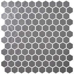 Emaux de verre hexagonal gris fonce mat D:3.175cm sur plaque de 30.1x29cm mur onxnatureglass dark grey