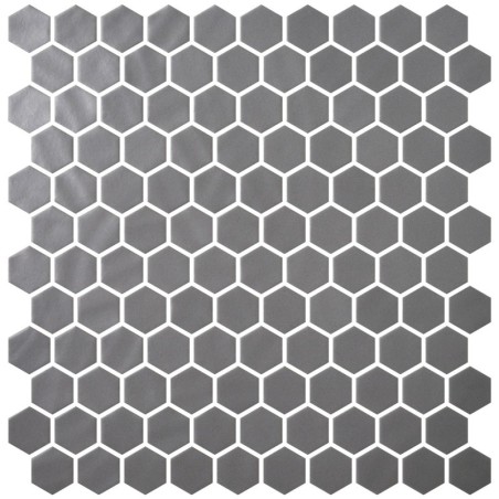 Emaux de verre hexagonal gris fonce mat D:3.175cm sur plaque de 30.1x29cm mur onxnatureglass dark grey