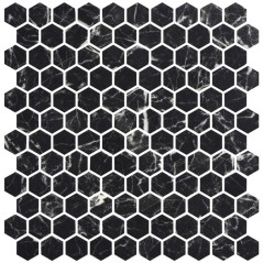 Emaux de verre hexagonal imitation marbre noir mat sur plaque de 30.1x29cm sol et mur onxmarquina nero