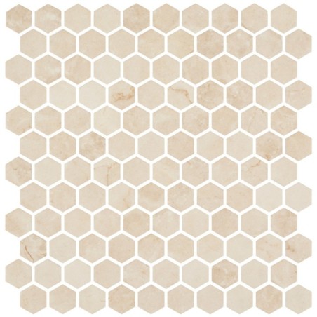 Emaux de verre hexagonal imitation marbre beige mat D: 3.175cm sur plaque de 30.1x29cm sol et mur onxmarfil