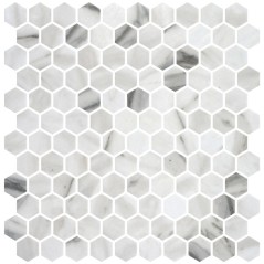 Emaux de verre hexagonal imitation marbre blanc mat D: 3.175cm sur plaque de 30.1x29cm sol et mur onxcalacatta