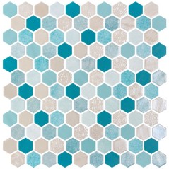 Emaux de verre hexagonal melange de blanc, decor nacré, bleu sur plaque de 30.1x29cm mur blend onxseagreen