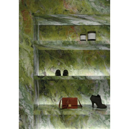 Carrelage imitation marbre vert poli brillant, faible épaisseur 6mm, 75x75cm et 75x150cm sol et mur ariosbrillant green