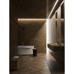 Carrelage imitation marbre marron poli brillant, faible épaisseur 6mm, 75x75cm et 75x150cm sol et mur pulpis bronze