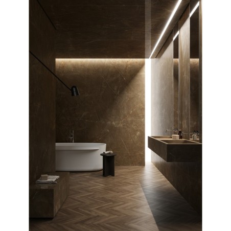 Carrelage imitation marbre marron poli brillant, faible épaisseur 6mm, 75x75cm et 75x150cm sol et mur ariospulpis bronze