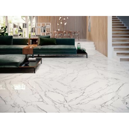 Carrelage imitation marbre blanc veiné de noir poli brillant, salon, XXL 98x98cm rectifié,  Porce1857 Loira