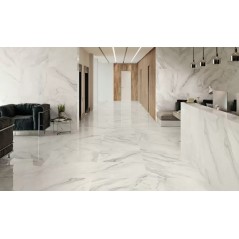 Carrelage imitation marbre blanc veiné de noir poli brillant, salon, XXL 98x98cm rectifié,  Porce1811 Duomo