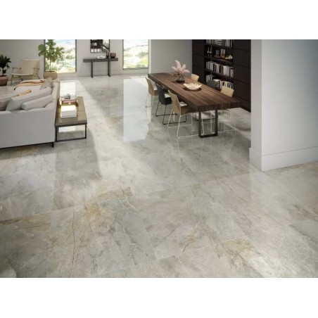 Carrelage imitation marbre gris clair poli brillant, salon, XXL 98x98cm rectifié,  Porce1851 light