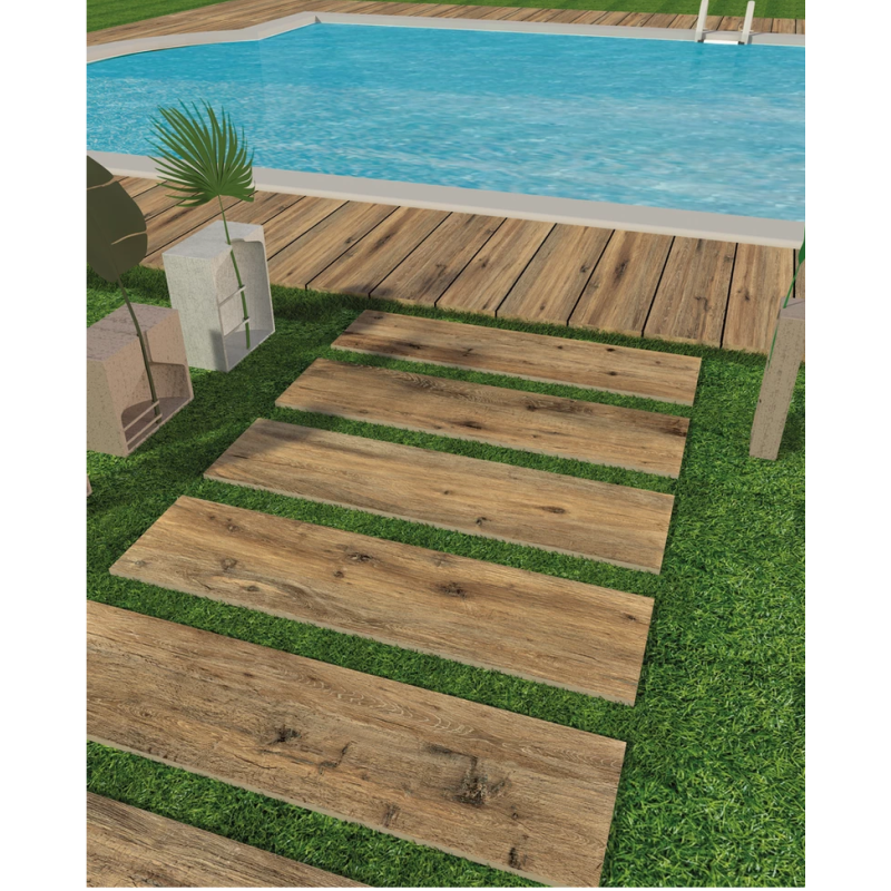 Carrelage imitation parquet foncé forte épaisseur antidérapant R11 avec petits noeud 30x120x2cm et 40x122x2cm savchalet marron