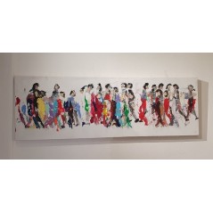 Peinture moderne, tableau contemporain figuratif,acrylique sur toile 150x50cm représentant des hommes qui marchent en couleur