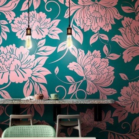 Papier peint vinyle pour mur de salle de bain CHRYSAN_INKDNXU1503_AMB fleur rose sur fond vert
