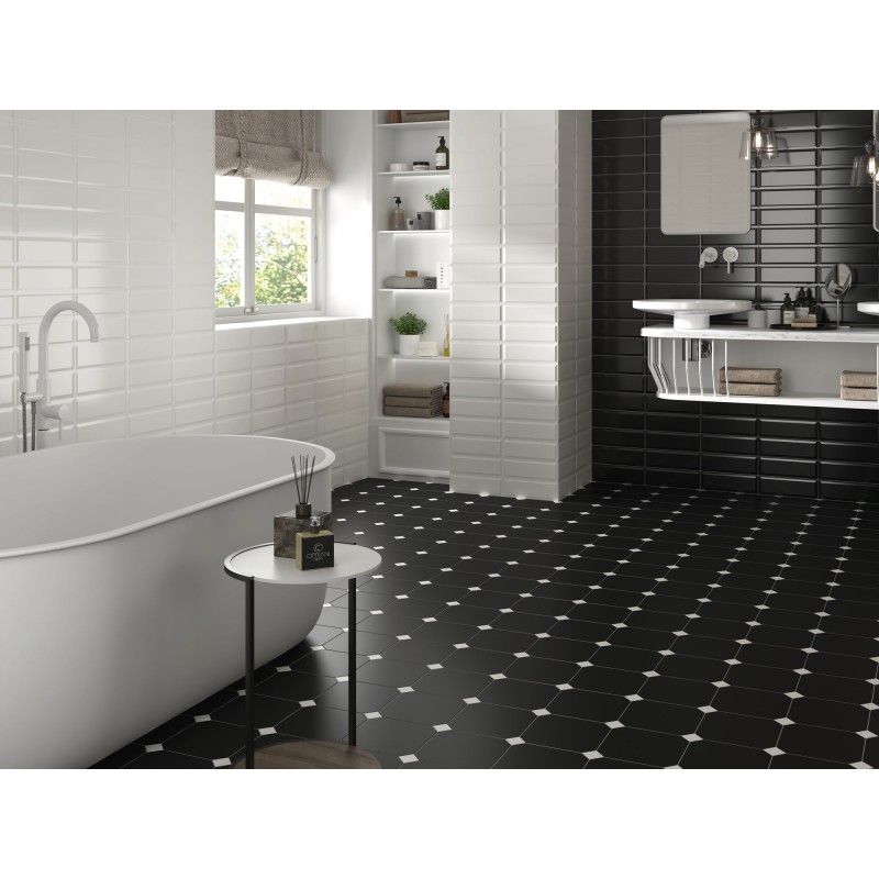 Carrelage salle de bain octogone noir mat 20x20cm avec cabochon noir ou blanc 5x5cm apeeight black