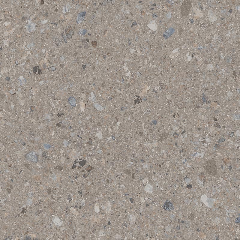 Carrelage imitation terrazzo teinté dans la masse, sur fond taupe rectifié 59.3x59.3, 80x80, 120x120cm Viv janty nuez