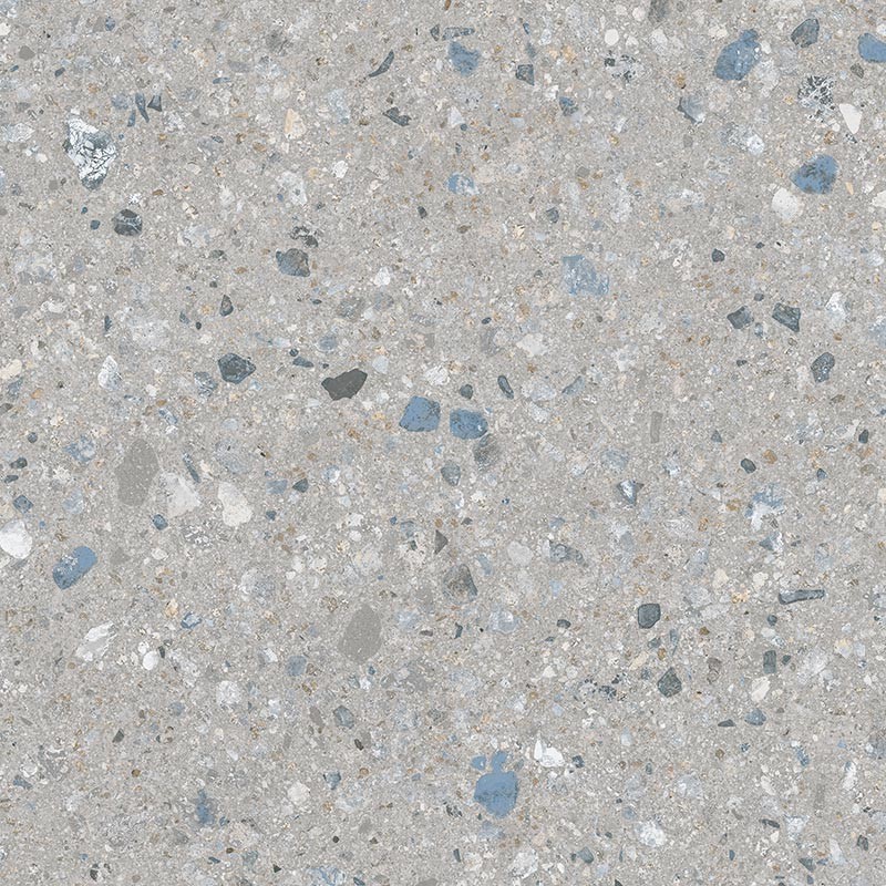 Carrelage imitation terrazzo teinté dans la masse, sur fond gris clair rectifié 59.3x59.3, 80x80, 120x120cm Viv janty ceniza