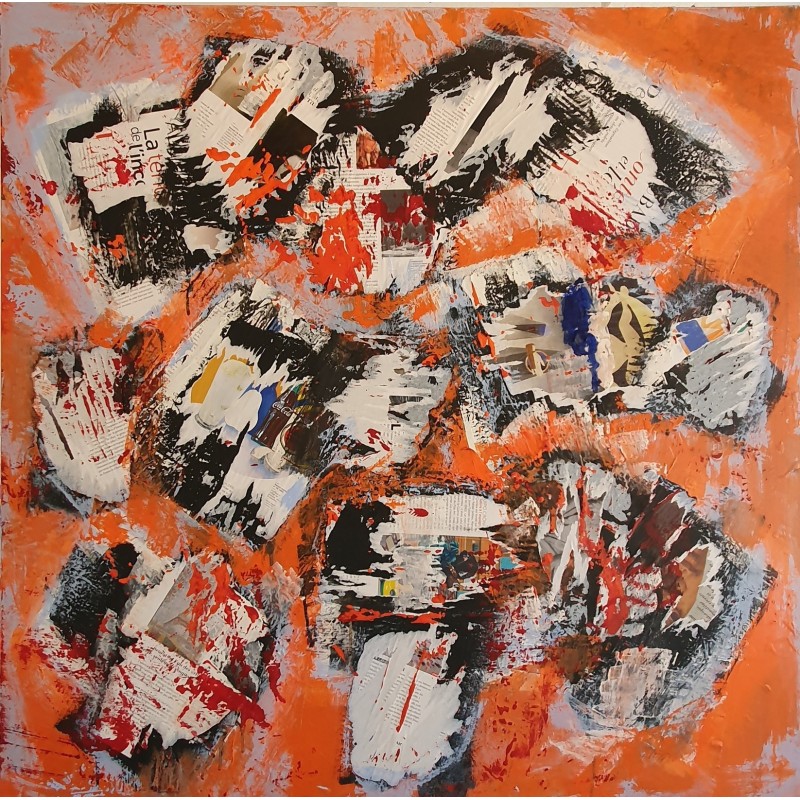 Peinture contemporaine, tableau moderne abstrait, acrylique sur toile 100x100cm, étude en orange 2