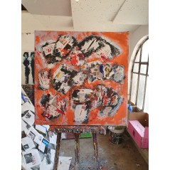 Peinture contemporaine, tableau moderne abstrait, acrylique sur toile 100x100cm, étude en orange 2