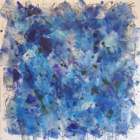 Peinture contemporaine, tableau moderne abstrait, acrylique sur toile 100x100cm, étude en bleu