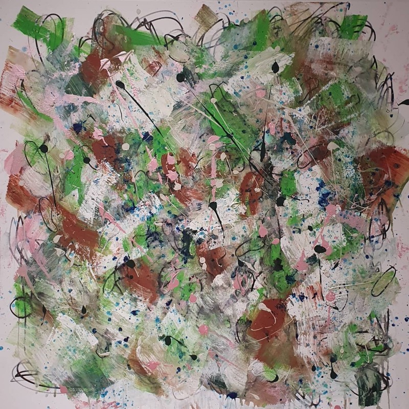 Peinture contemporaine, tableau moderne abstrait, acrylique sur toile 100x100cm, étude en vert