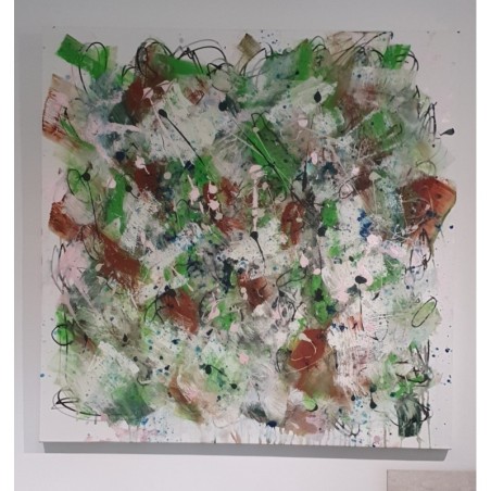 Peinture contemporaine, tableau moderne abstrait, acrylique sur toile 100x100cm, étude en vert