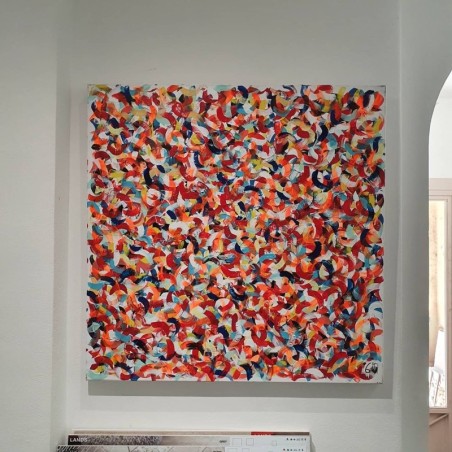 Tableau contemporain, peinture moderne figurative, acrylique sur toile 100x100cm intitulée: petite friture orange et rouge.