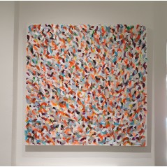 Tableau contemporain, peinture moderne figurative, acrylique sur toile 100x100cm intitulée: petite friture orange bleu et vert.