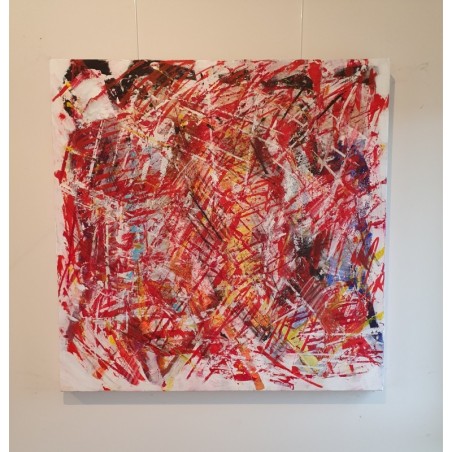 Tableau moderne, peinture contemporaine figurative, acrylique sur toile 100x100cm représentant des HQM rouge.