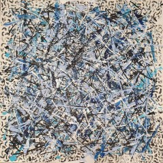 Peinture contemporaine, tableau moderne abstrait, acrylique sur toile 100x100cm, étude en bleu striéé