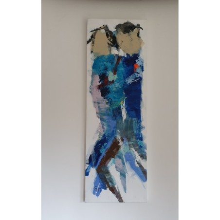 Peinture contemporaine, tableau moderne figuratif, acrylique sur toile, HQM bleu 40x120cm.