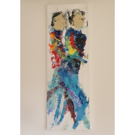 Peinture contemporaine, tableau moderne figuratif, acrylique sur toile, HQM2 bleu 40x120cm.