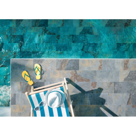 Carrelage piscine imitation pierre de bali bleu dénuancé 30x60cm et 15x15cm savfiji turquoise lisse.