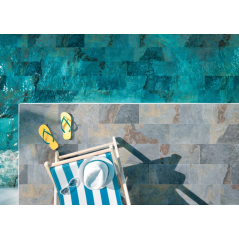 Carrelage piscine imitation pierre de bali bleu dénuancé 30x60cm et 15x15cm savfiji turquoise antidérapant R11