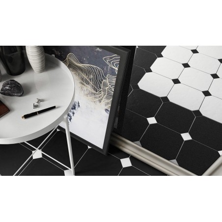 Carrelage octogone imitation ciment mat noir vieilli 20x20cm cabochon noir blanc et gris 4.6x4.6cm, equipoctogo noir