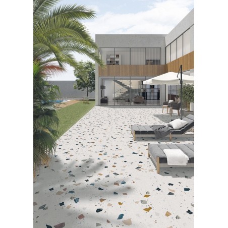 Carrelage imitation terrazzo et granito blanc mat coloré, 80x80cm rectifié, arcastracciatella nacar antidérapant R10