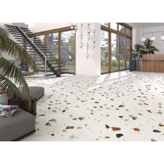 Carrelage imitation terrazzo blanc mat coloré, 120x120cm et 60x60cm rectifié, arcastracciatella nacar antidérapant R10