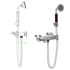 Mitigeur de douche art-déco externe avec flexible et douchette: chromé, or, or rose, or pâle, platine BT350