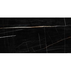Carrelage imitation marbre poli brillant noir veiné de blanc et d'or rectifié, 60x120cm, 120x120cm Géoxsahara noir.