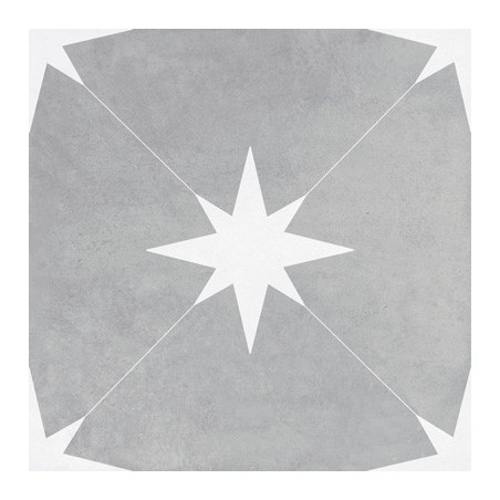 Carrelage etoile blanche sur fond gris clair, imitation carreau ciment, promotion, 22.3x22.3cm geoxponent grey