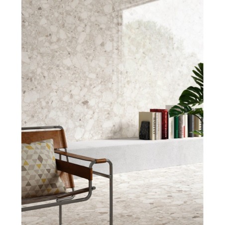 Carrelage imitation terrazzo ivoire poli brillant rectifié 120x120, 90X90, 60x120, 60x60cm, santavenistone ivory
