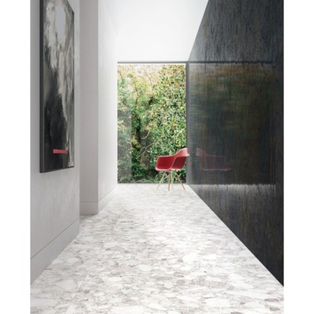 Carrelage imitation terrazzo gris clair poli brillant rectifié 120x120, 90X90, 60x120, 60x60cm, santavenistone pearl