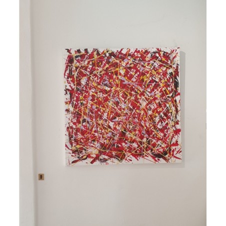 Peinture contemporaine, tableau moderne abstrait, acrylique sur toile 100x100cm intitulée: étude en rouge7
