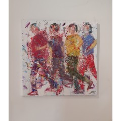 Peinture moderne, tableau contemporain figuratif, acrylique sur toile 100x100cm représentant des HQM rouge marron jaune et bleu